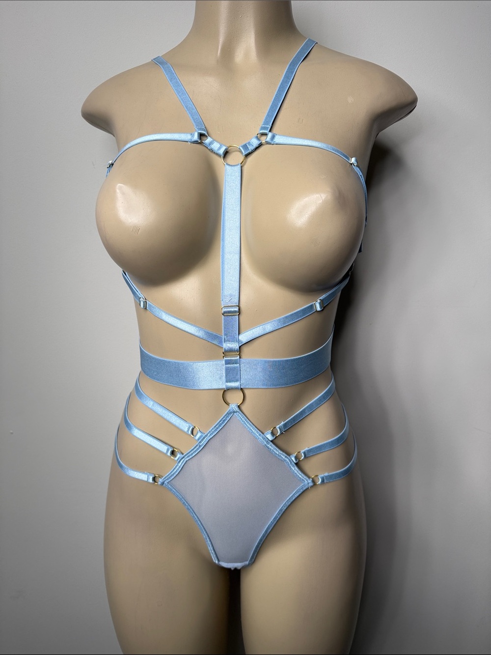 Light Blue Satin Strappy Harness Bodysuit - Women Intimates